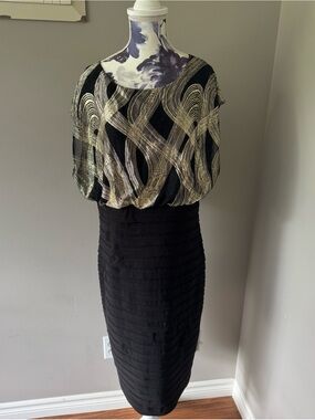 Frank Lyman Design Black Dress with Gold Wave Detail